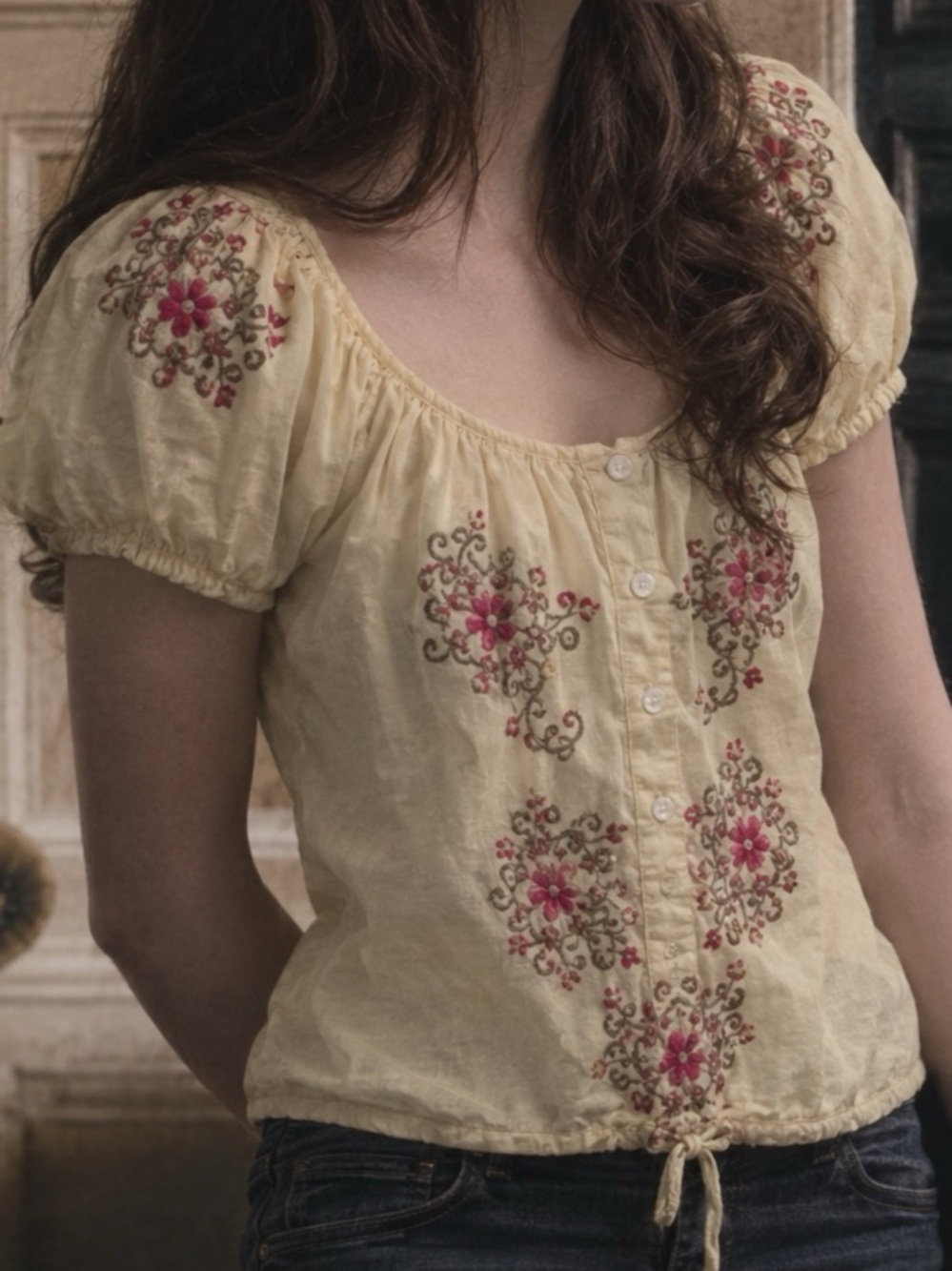 Joie Vintage Ivory Silk Floral Embroidered Peasant Blouse